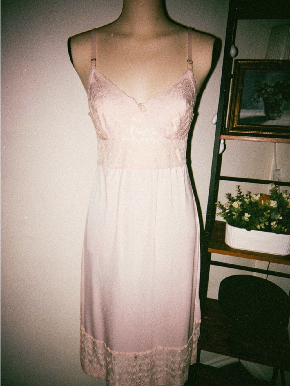 Dreamy Vintage 1960’s Baby Pink Lace Trim Slip Dress Lingerie Chemise